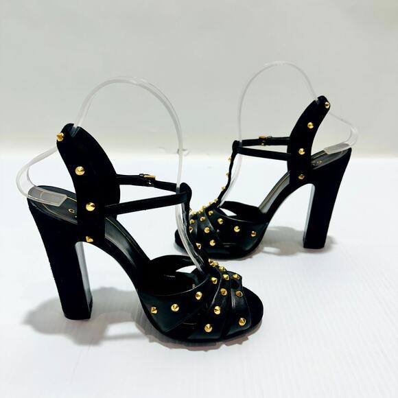 Gucci Sandals 37 /US 7 Black Suede Leather Gold Studded T-Strap High Heel - Picture 5 of 10